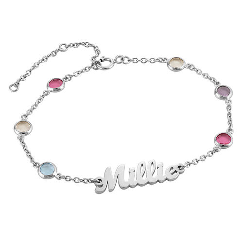 Name Bracelet with Multi Colored Stones in Silver