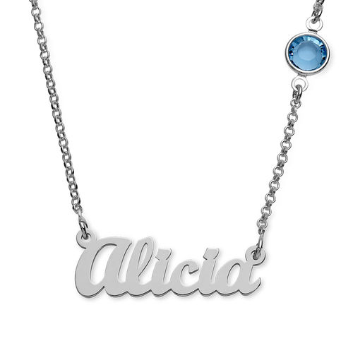 Name Necklace in Silver with One Birthstone