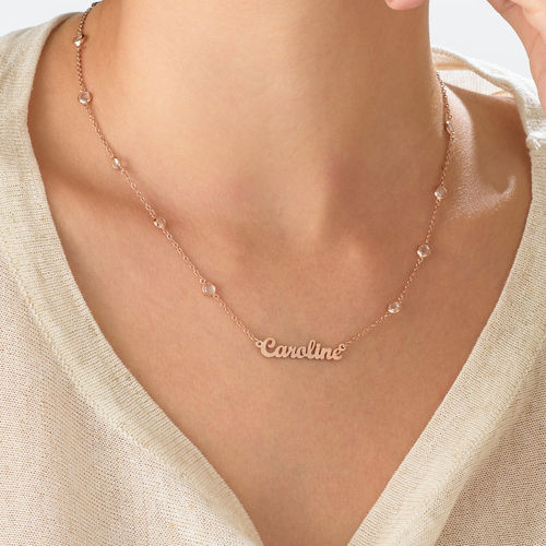 Name Necklace with Clear Crystal Stone  in Rose Gold Plating