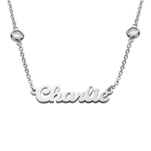 Name Necklace with Clear Crystal Stone in Silver