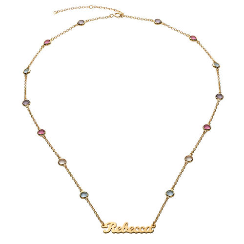 Name Necklace with Multi Colored Stones in Gold Plating