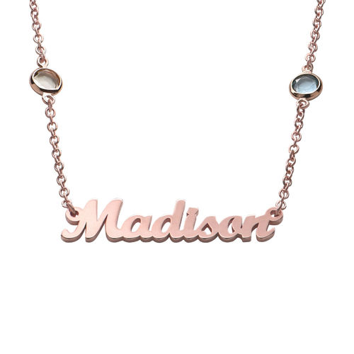 Name Necklace with Multi Colored Stones in Rose Gold Plating