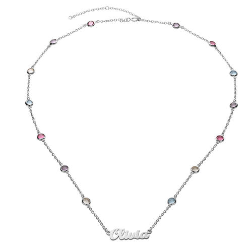 Name Necklace with Multi Colored Stones in Silver