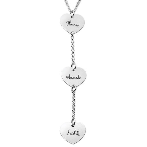 Personalized Y Necklace in Sterling Silver with Heart Shaped Pendants