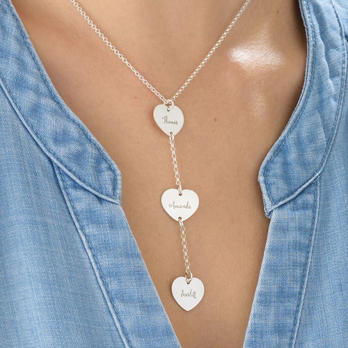 Personalized Y Necklace in Sterling Silver with Heart Shaped Pendants