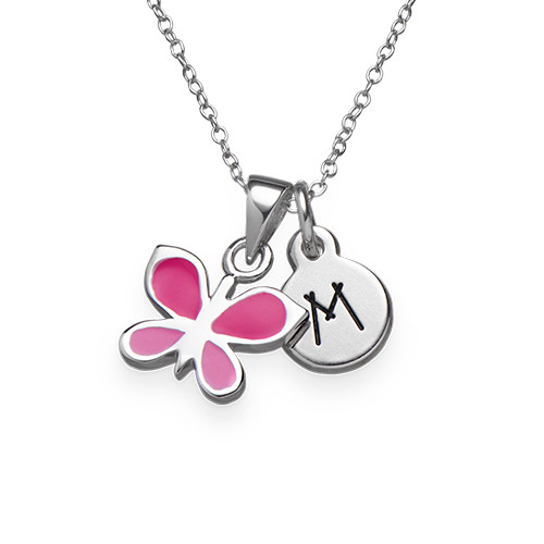 Pink Butterfly Necklace for Kids with Initial Charm
