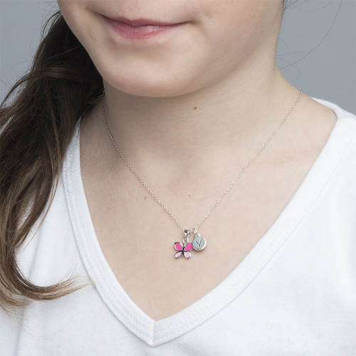 Pink Butterfly Necklace for Kids with Initial Charm