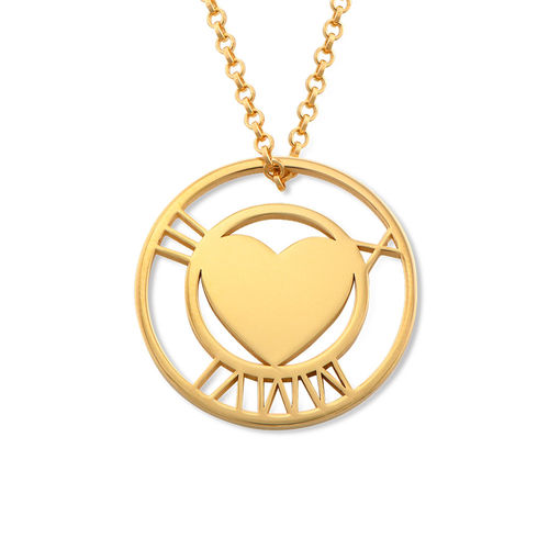 Roman Numeral Heart Circle Necklace in Gold Plating