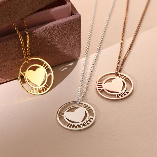 Roman Numeral Heart Circle Necklace in Gold Plating