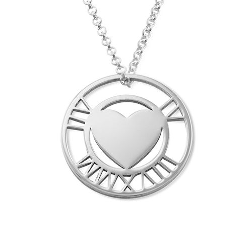 Roman Numeral Heart Circle Necklace in Silver