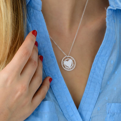 Roman Numeral Heart Circle Necklace in Silver