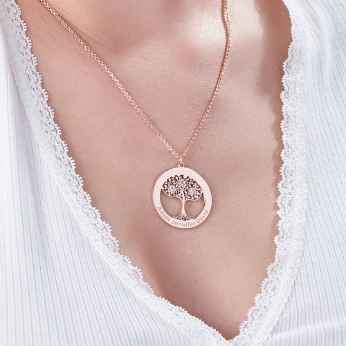 Rose Gold Plating Circle Tree of Life Necklace with Birthstones