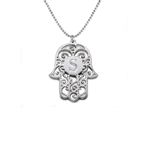 Silver Hamsa Necklace with Personalized Initial