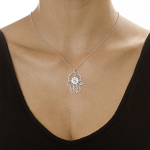 Silver Hamsa Necklace with Personalized Initial