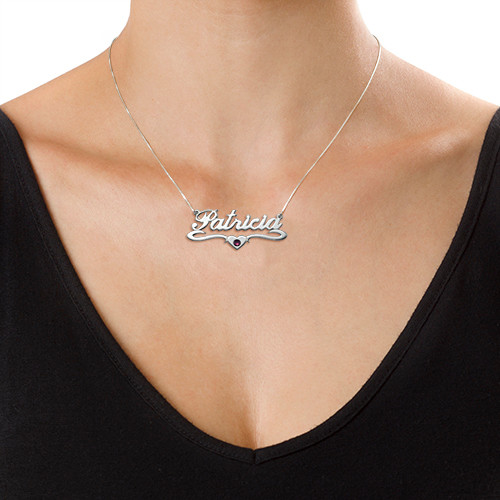 Silver Middle Heart  Swarovski Crystal  Name Necklace