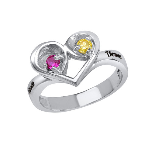 Two Birthstone Heart Ring with Engraving