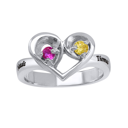 Two Birthstone Heart Ring with Engraving