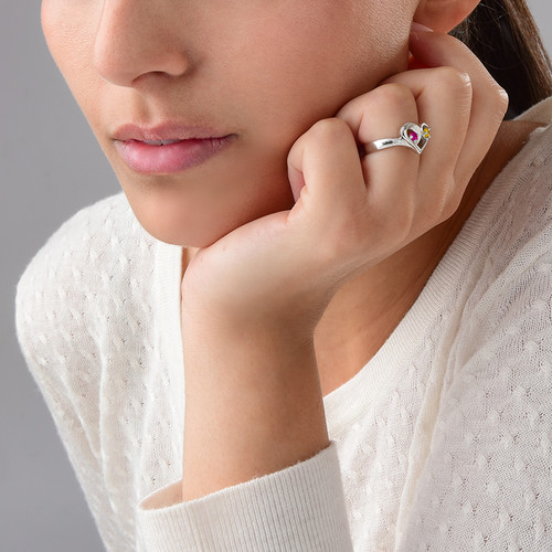 Two Birthstone Heart Ring with Engraving