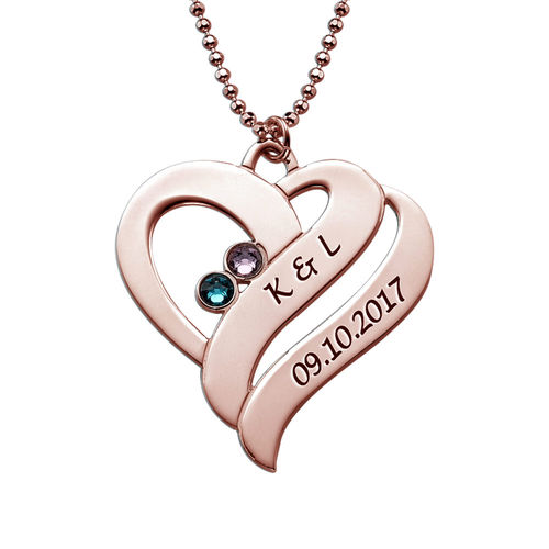 Two Hearts Forever One Necklace with Birthstones - Rose Gold Plated