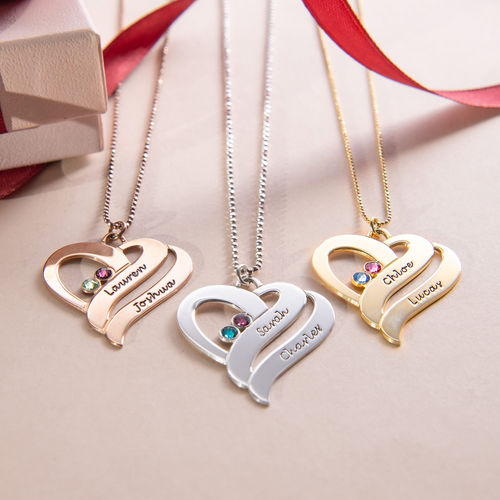 Two Hearts Forever One Necklace with Birthstones - Rose Gold Plated