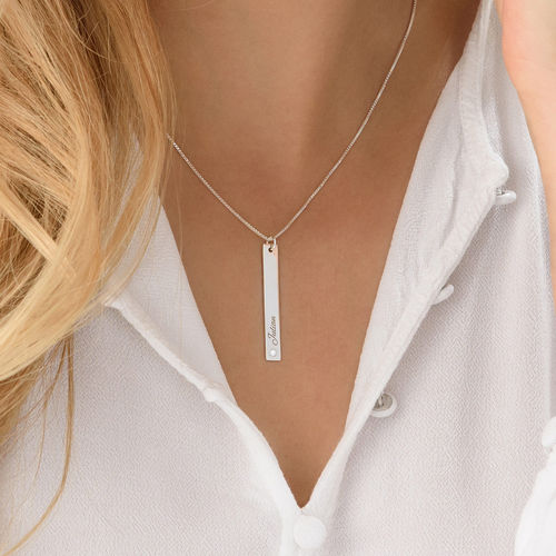 Vertical Bar Sterling Silver Diamond Necklace