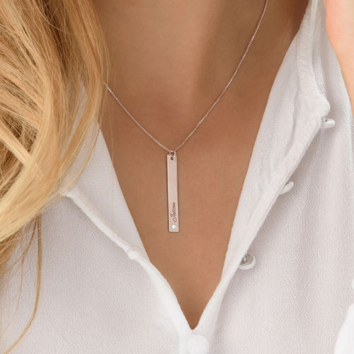 Vertical Bar Necklace Rose Gold Plated with Diamond