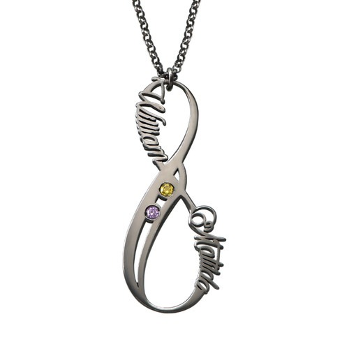 Vertical Infinity Name Necklace with Birthstones - Silver Black Tone Plating