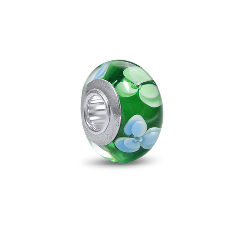 White & Green Flowers Glass Bead