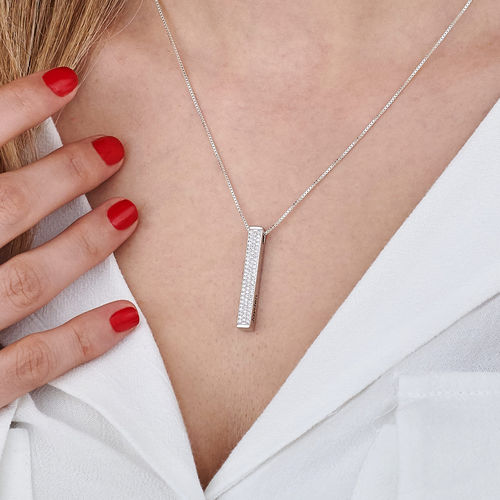 Vertical 3D Bar Necklace with Cubic Zirconia in Silver