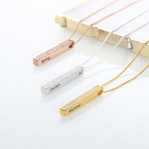 Vertical 3D Bar Necklace with Cubic Zirconia in Gold Plating