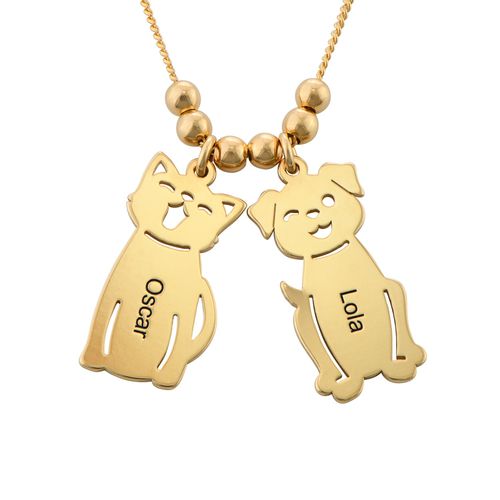 Engraved Kids Charm with Cat and Dog Charm Necklace in Gold Plating