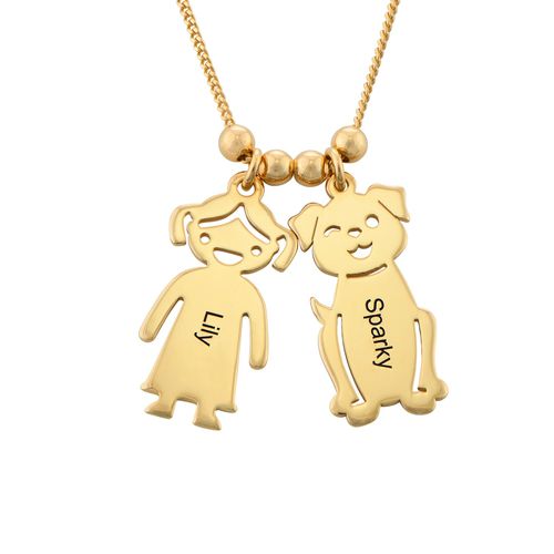 Engraved Kids Charm with Cat and Dog Charm Necklace in Gold Plating