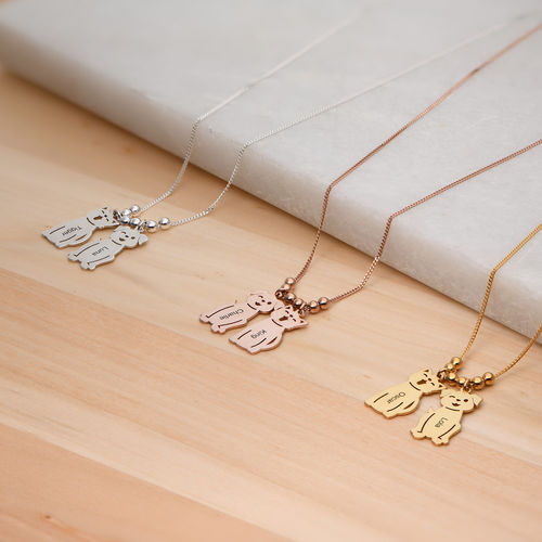 Engraved Kids Charm with Cat and Dog Charm Necklace in Gold Plating