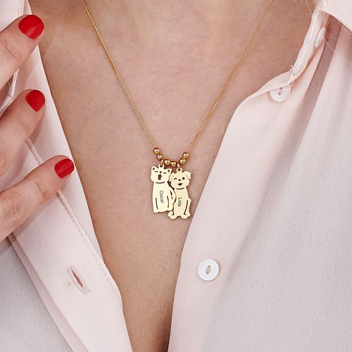 Engraved Kids Charm with Cat and Dog Charm Necklace in Gold Plating