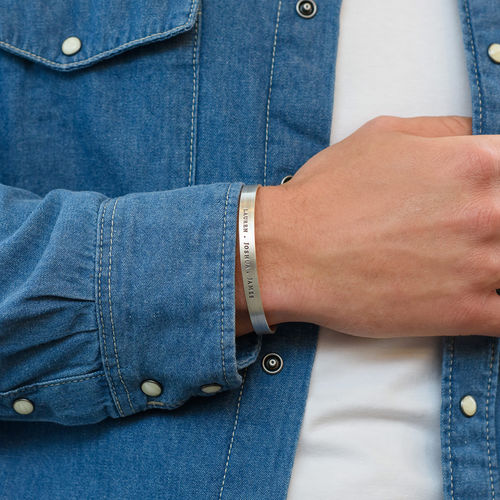 Engraved Men Cuff Bracelet in Silver