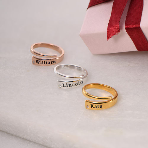 Custom Wrap Name Ring with Cubic Zirconia in Rose Gold Plating